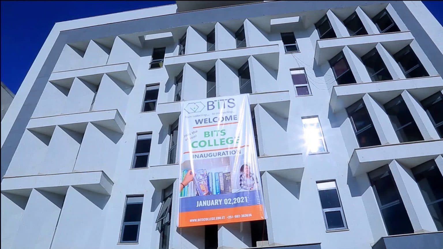 BITS College inauguration banner on the campus facade